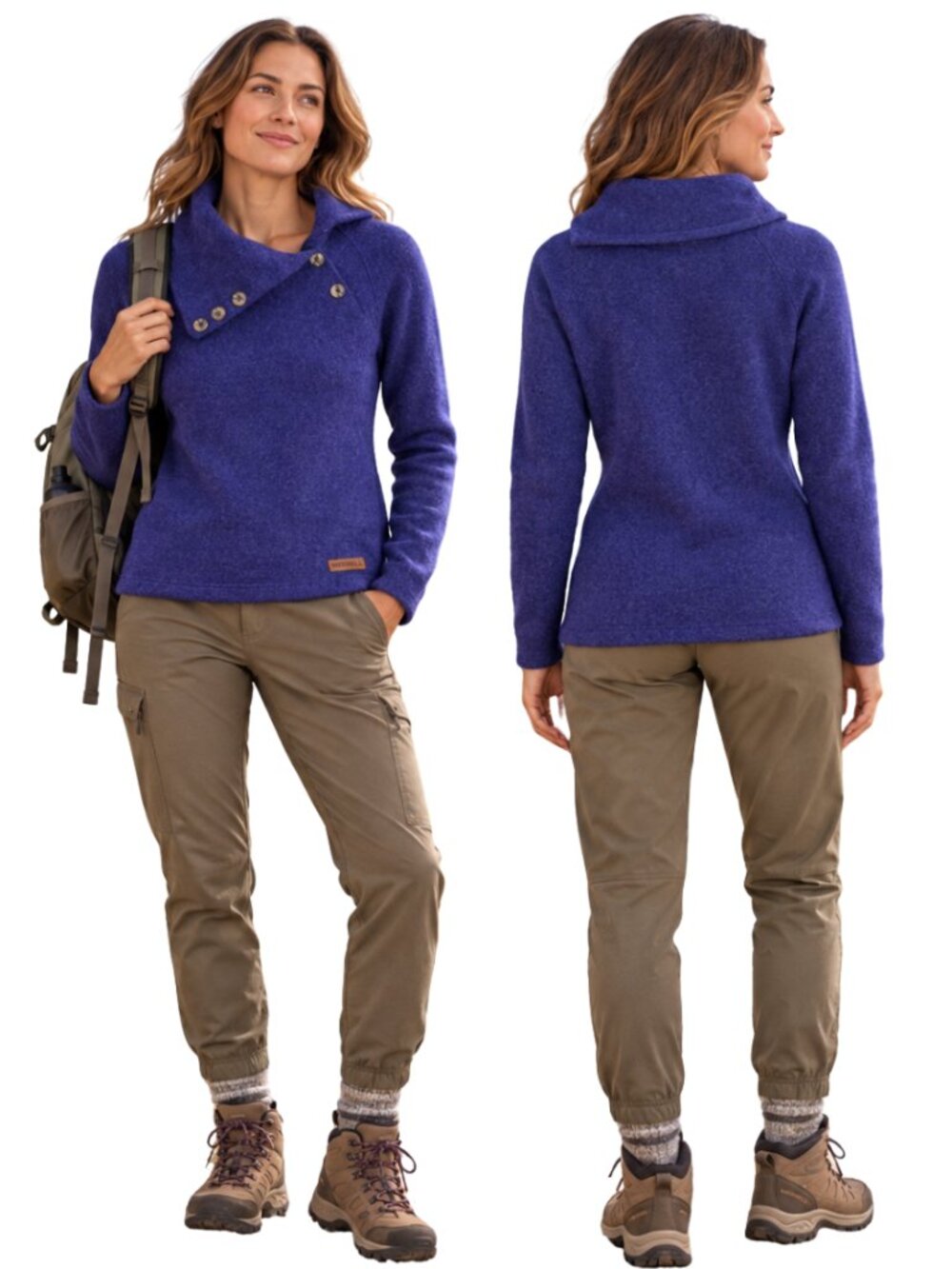 Merrell Wool Asymmetrical Button Cowl Neck Sweater Women's Large Purple Gorpcore